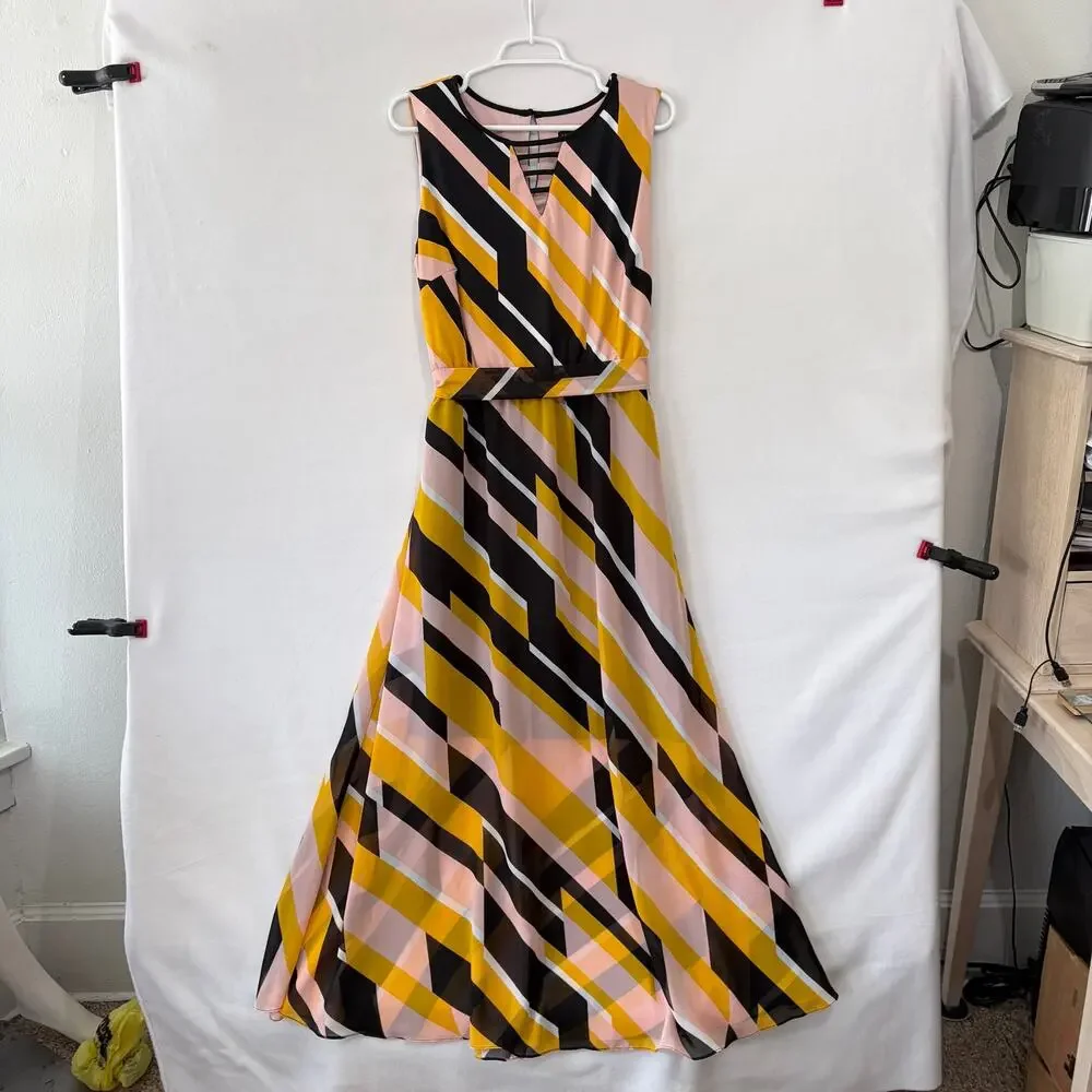 Lane Bryant Maxi Dress Womens Plus 18 Yellow Black Striped Chiffon Sleeveless - Picture 2 of 14
